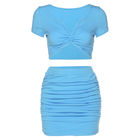 Blue Two Piece Casual Set Short Sleeve V Neck T Shirt High Waist Bodycon Skirt