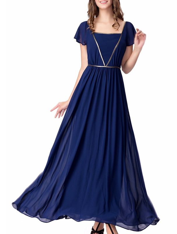 Elegant Chiffon U Neck Womens Summer Maxi Dresses Royal Blue Flare