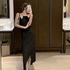 Retro Irregular Hem Suspender Sexy Elegant Black Dress