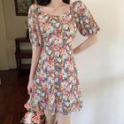 Floral Painting Print A Line Puff Sleeve Mini Dress Leisure Holiday Style