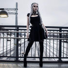 European and American modern punk style dark black sexy mesh stitching perspective hollow dress