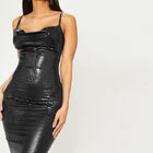 Nightclub sexy low-cut halter back slim black leather wrap suspender dress in stock
