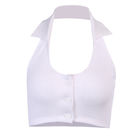 Backless Button Front Women Crop Top , Sleeveless Cotton Halter Tank Top