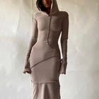 Casual Slim Fit Anti Wear Long Sleeve Hooded Maxi Dress For Fall Winter