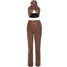 Brown Two Piece Casual Set Sexy Halter Vest Slim Straight Trousers Suit