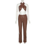 Brown Two Piece Casual Set Sexy Halter Vest Slim Straight Trousers Suit