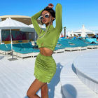 Green Two Piece Casual Set Round Neck Long Sleeve Hollow T Shirt Slim Fit Hip Skirt