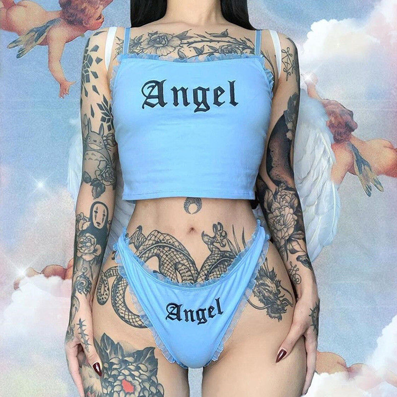 Two Piece Sexy Girls Angel Underwear Set Black Letter Printing
